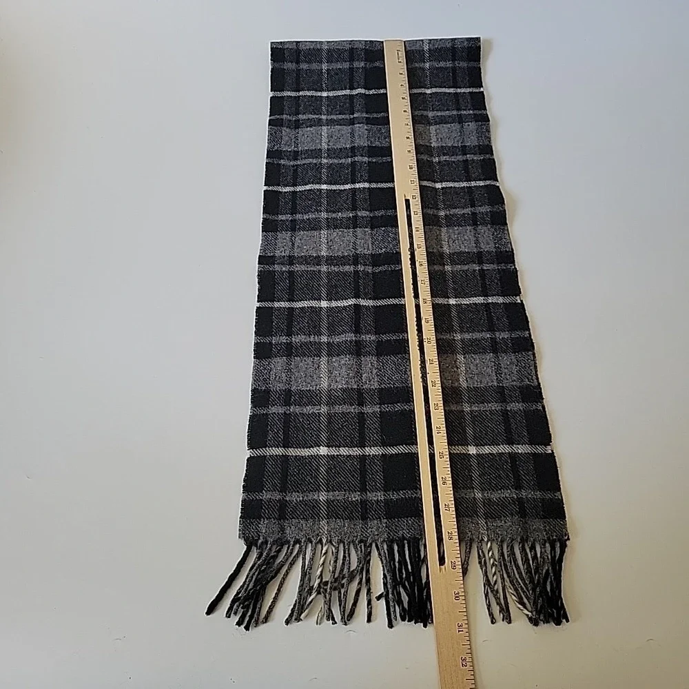 John Hanly Vintage 80s Lambswool Fringed Scarf Black Gray Plaid Flannel Academia